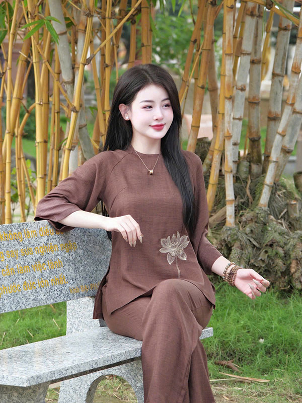 Bộ pháp phục nữ đũi vân mây thêu sen DHD01