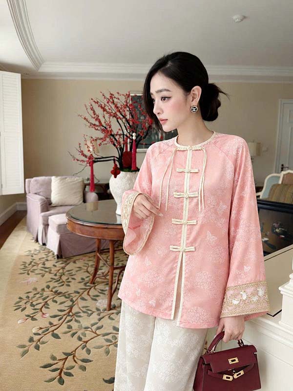 Bộ cách tân nữ lụa gấm kim tuyến cổ tròn HD0033 Bộ cách tân nữ lụa gấm kim tuyến bode (1)